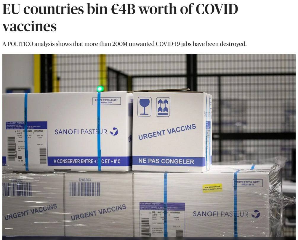 Страны ЕС выбросили 215 млн доз вакцины против коронавируса на $4 млрд, передает Politico со ссылкой на собственный анализ