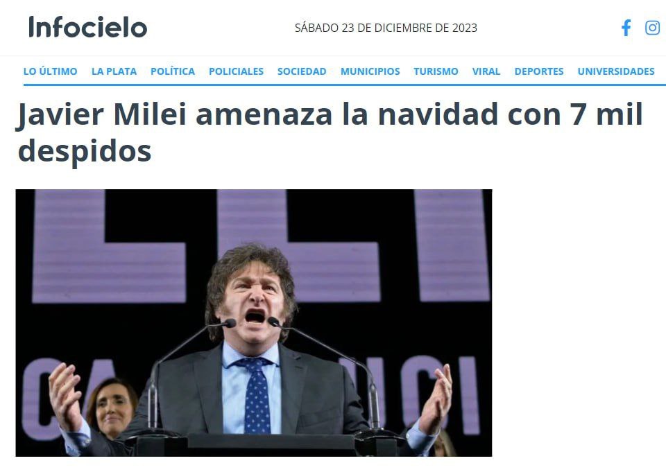Президент Аргентины Хавьер Милей уволит всех чиновников, которые были приняты на работу после 1 января 2023 года
