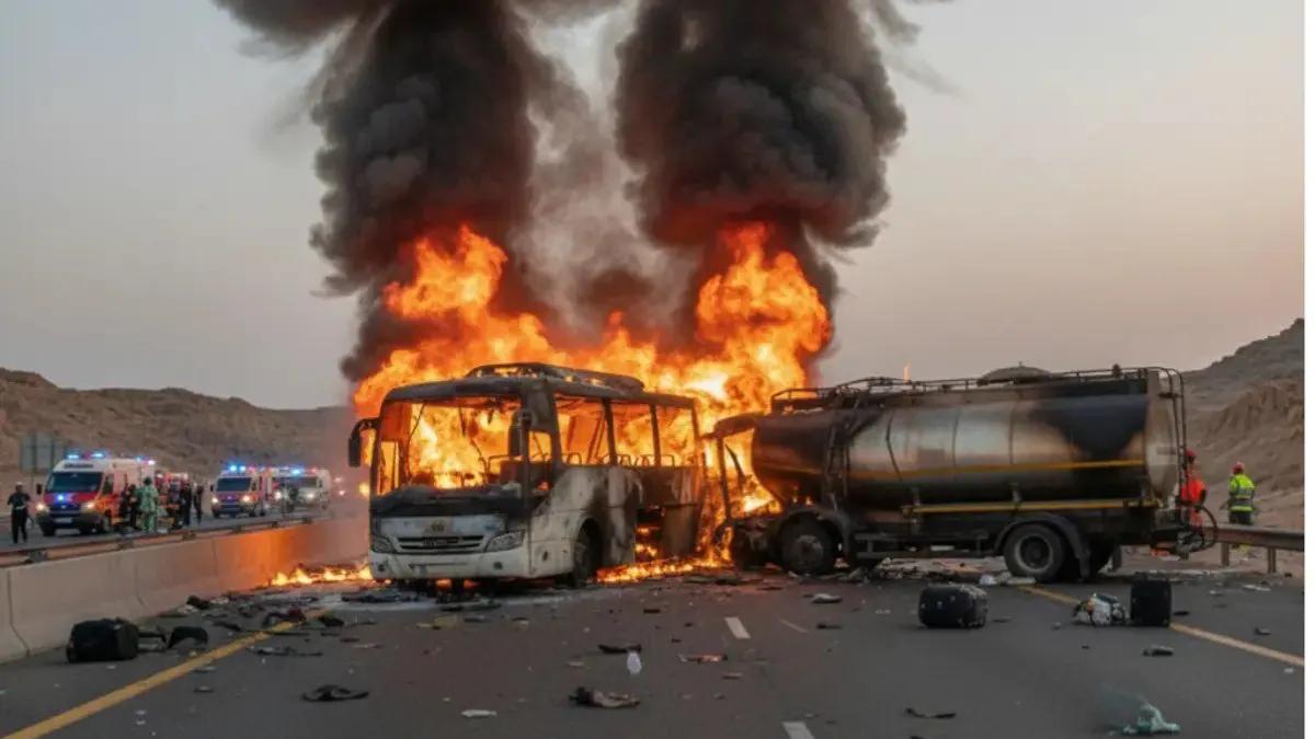 В Саудовской Аравии автобус с паломниками из Индии столкнулся с бензовозом и сгорел