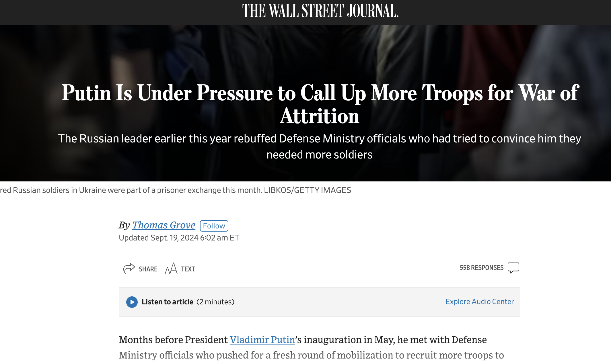 Скрин статьи о мобилизации The Wall Street Journal